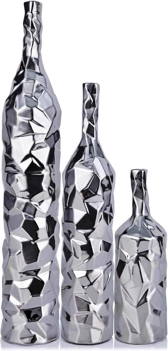 SnelShoppen - Set van 3 Elegante 19,6 Inch Lange Zilveren Vazen - Keramisch, Grote Vazen voor Woonkamer en Entree Tafel - Moderne Hoge Vazen voor Pamp