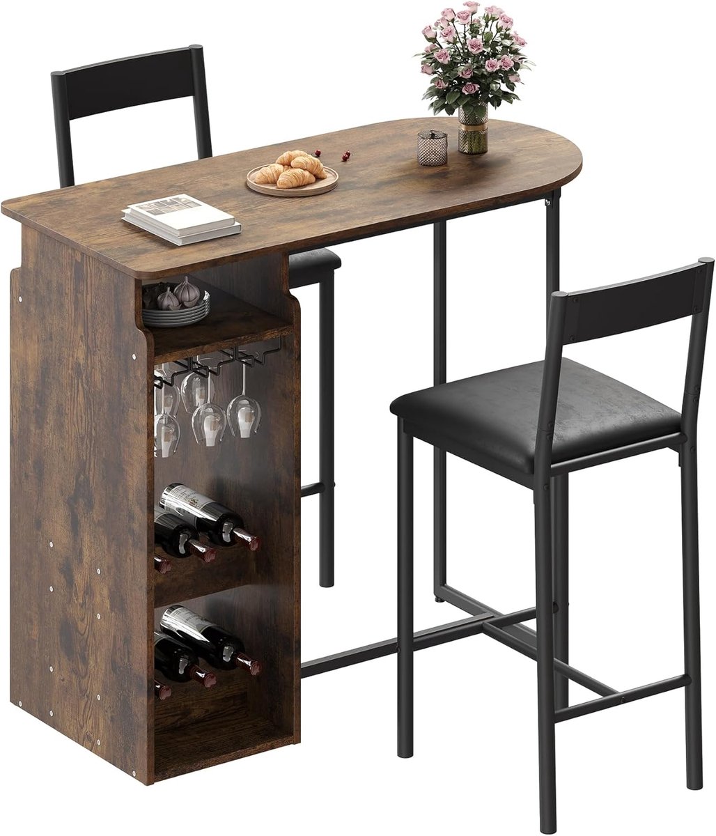 Moderne ruimtebesparende 3-delige bartafel en stoelset voor 2 personen – eettafel met drielaags wijnrek en glas houder, fluwelen zittingen – vintage bruin en wit marmerdesign – ideaal voor keuken, eetkamer en thuisbar