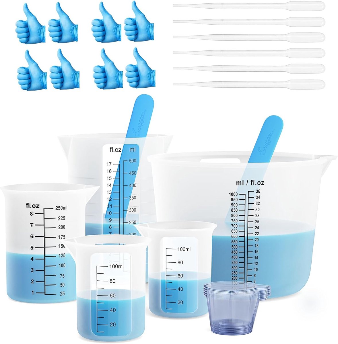 SnelShoppen - Silicone Maatbekers voor Hars, 2 Duidelijke Kommen 1000ml, 500ml, 250ml, 100ml, Herbruikbare Silicone Maatbekers met Roerstaafjes, Makke