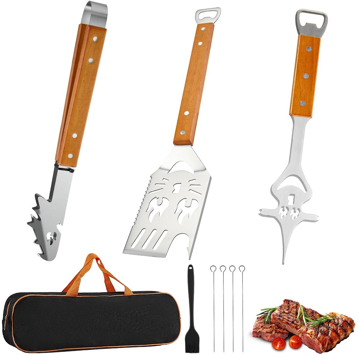 Multifunctionele BBQ Vork 6-in-1 – RVS Barbecuevork met Flesopener, Spatel, Spieshouder & Houten Handvat