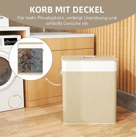 COVREO Wasmand 52x32x63 cm wit, bamboe 100 L met deksel en 2 vakken — afbeelding 2