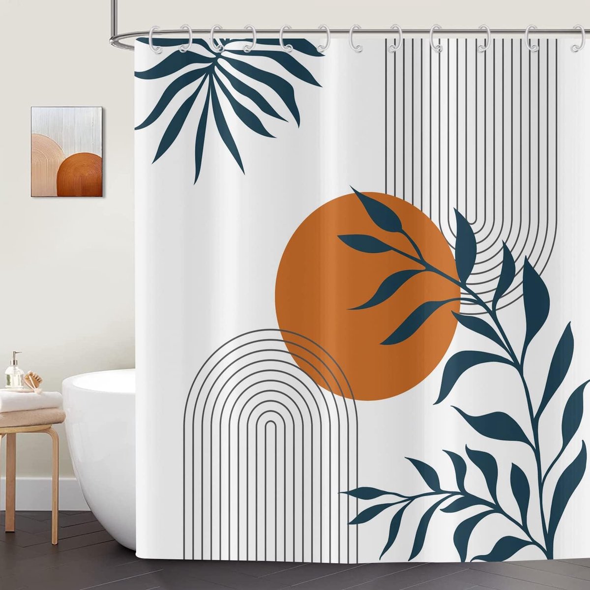 SnelShoppen - Douchegordijn 180 x 200 cm, Boho Stijl, Moderne Abstracte Kunst met Zon en Bladeren, Wit, Wasbaar Polyester, Waterdicht Douchegordijn vo