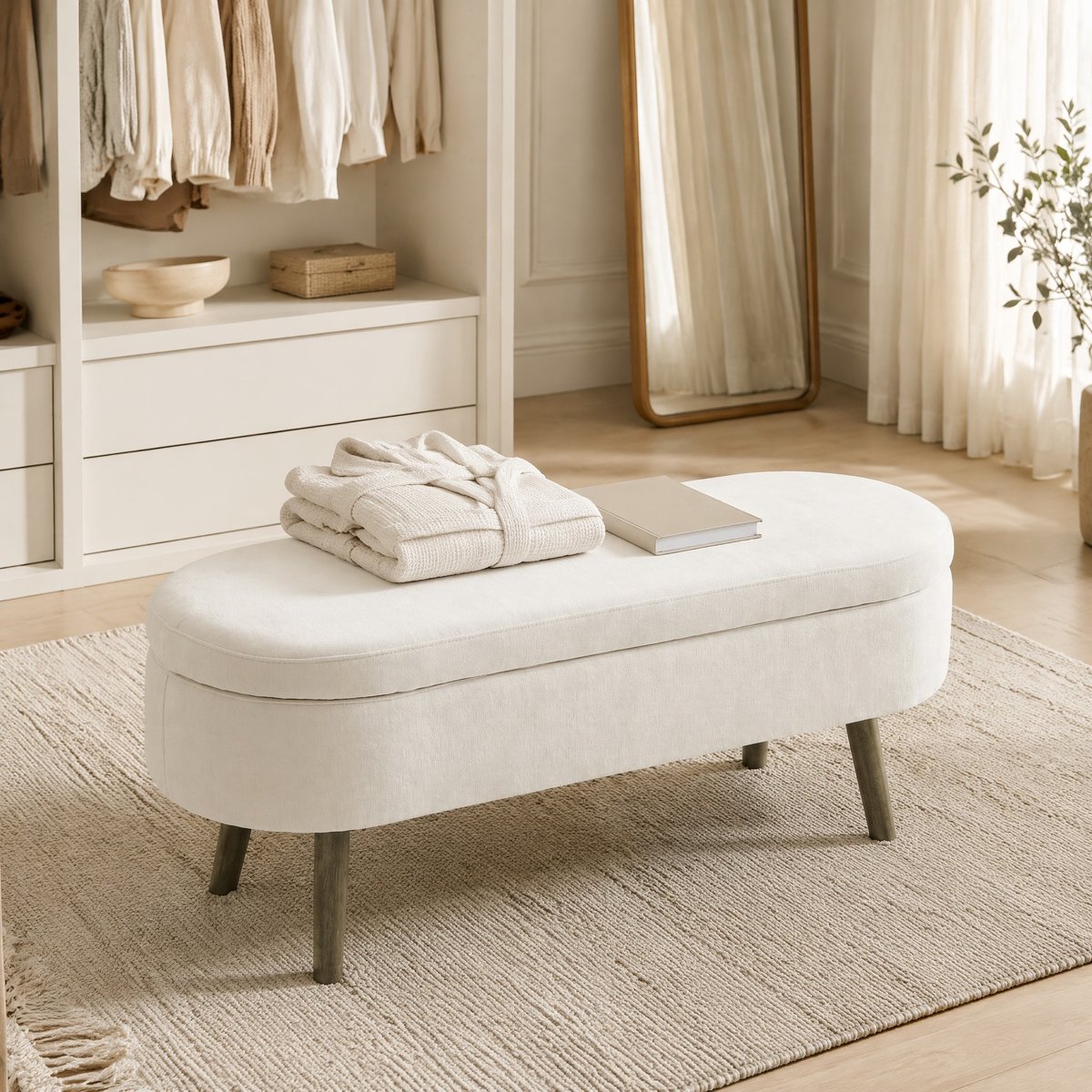 Opbergbankje Met Opbergruimte - 110 x 40 x 42 Cm - Chenille - Beige - Voor Slaapkamer En Woonkamer