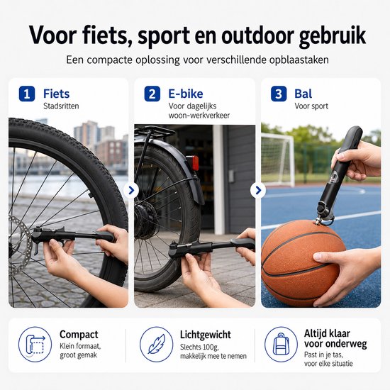 Mini Fietspomp met Digitale Drukmeter - 120 PSI - Presta Schrader Dunlop Ventielen - Compact en Draagbaar — afbeelding 4