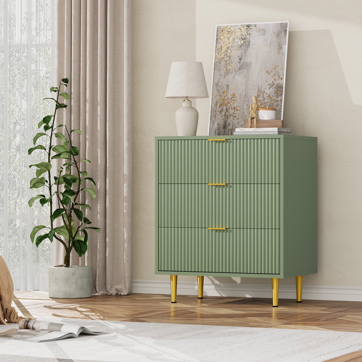 Smalle ladenkast met 3 laden, 60×40×75 cm – geribbeld golvend front, goudkleurige metalen handgrepen en poten, inclusief kantelbeveiliging, geschikt voor slaapkamer, woonkamer en gang