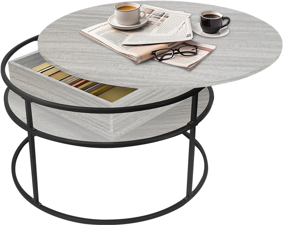 PIPIPOXER-Salontafel –Salontafel in hoogte verstelbaar - woonkamertafel met hefplaat - Salontafel rond - Table basse de salon - Kleine Tafel - Salontafels - Diameter 80 x 80 cm - lichte houtkleur