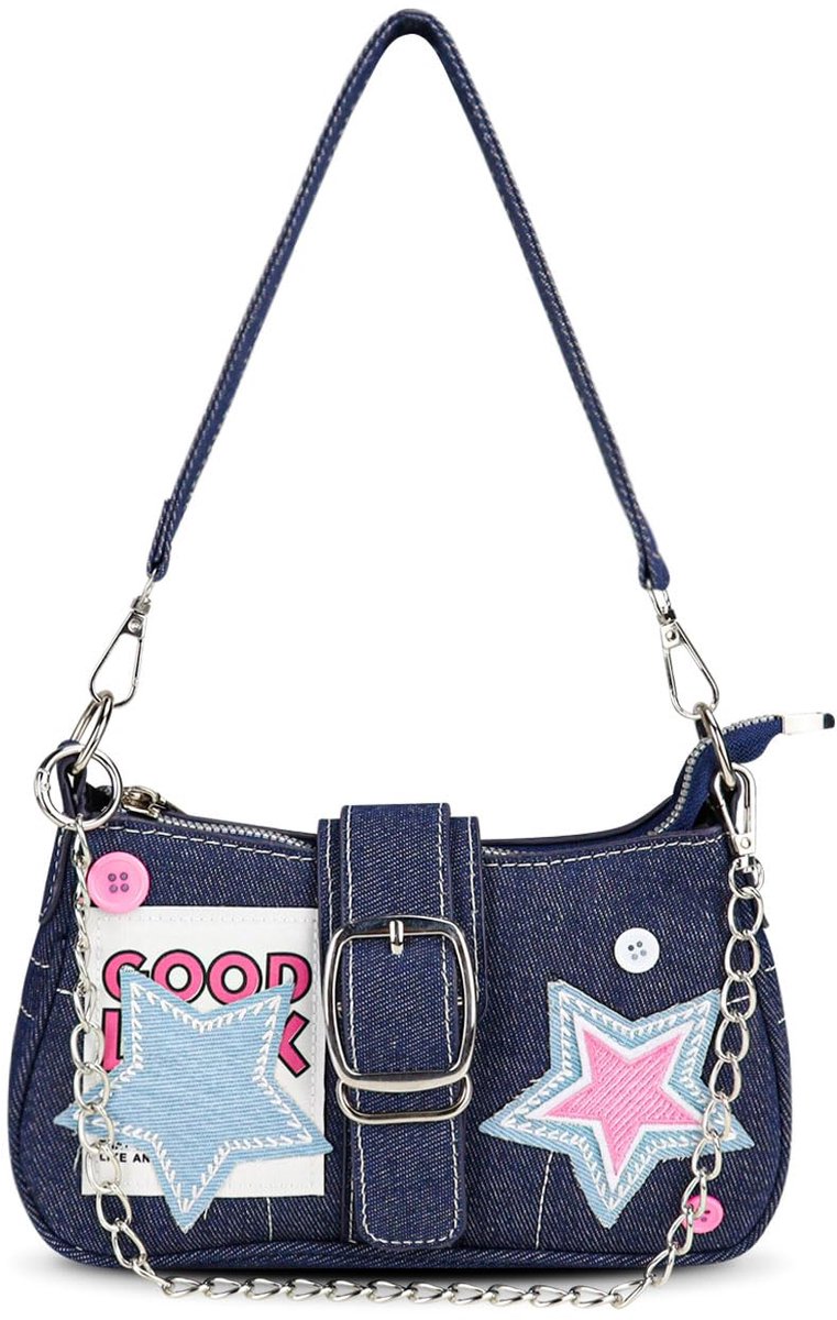 SnelShoppen - Kleine crossbodytas voor dames, denim schoudertas met handketting en afneembare schouderriem, Y2k Fashion onderarmtas, donkerblauw, 24.5