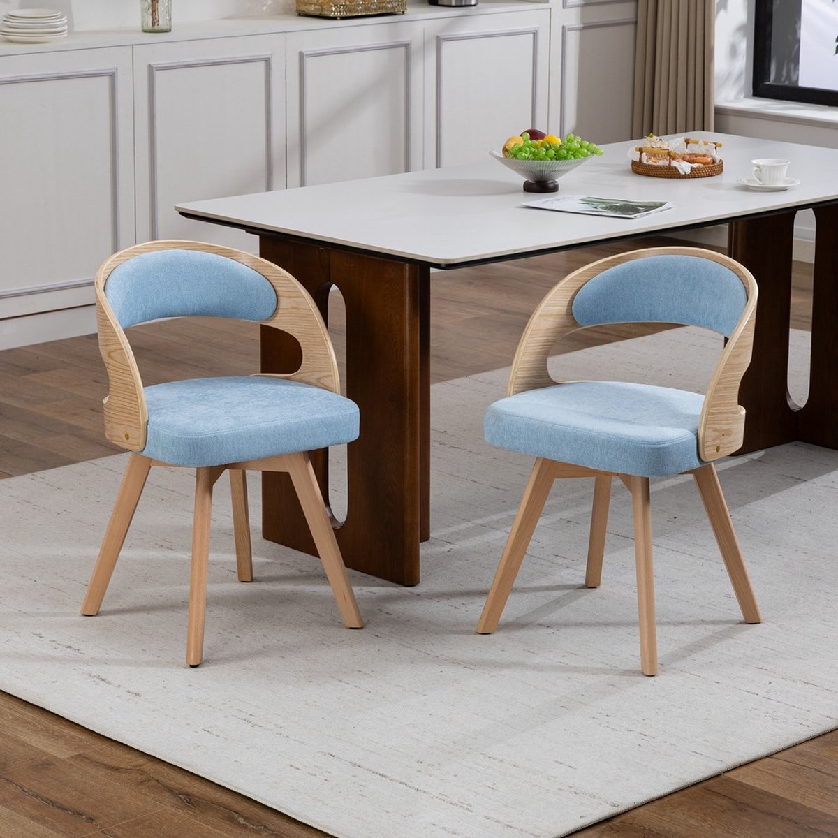 Pugsdrly Een set van twee houten eetkamerstoelen in moderne stijl, met draaibare zittingen, zitkussens van katoen en linnen en een gebogen rugleuning; accentstoelen voor de keuken, het café en de woonkamer (Blue Linen)