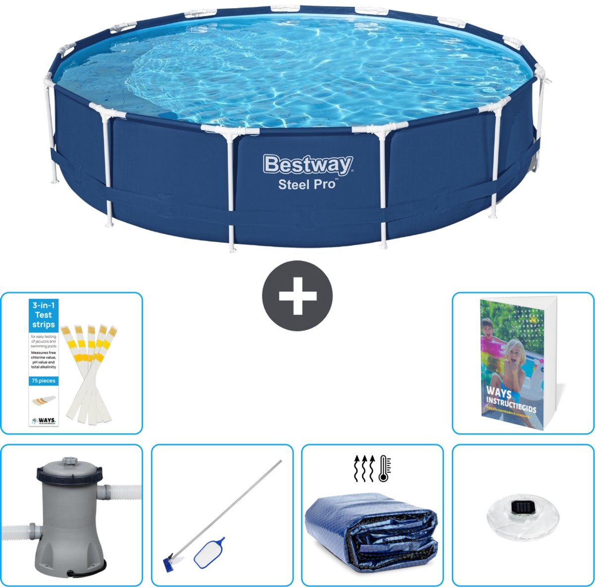 Bestway Rond Steel Pro Zwembad - 396 x 84 cm - Blauw - Inclusief Pomp - Schoonmaakset - Solarzeil - Verlichting - 7-delig