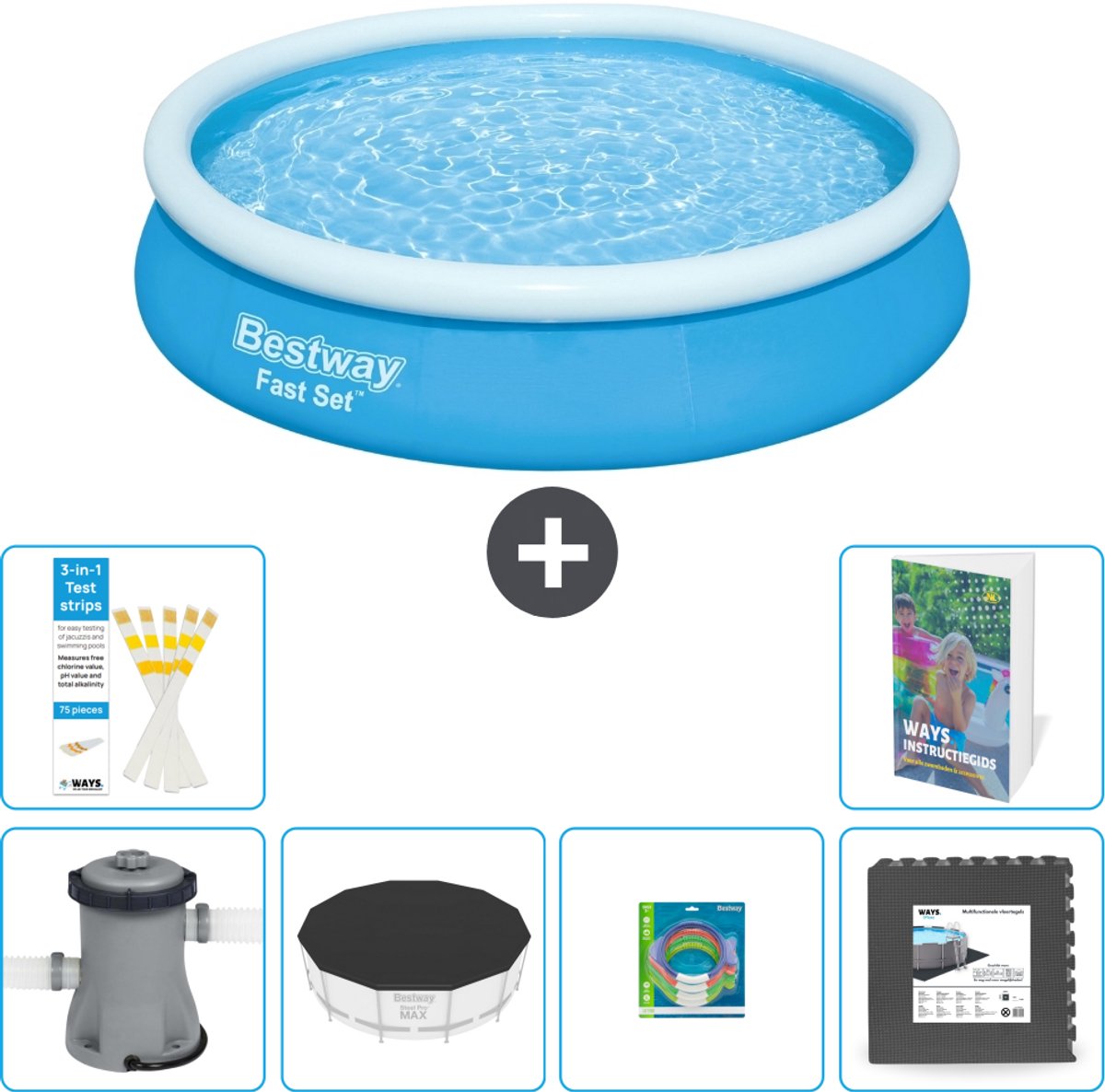 Bestway Rond Opblaasbaar Fast Set Zwembad - 366 x 76 cm - Blauw - Inclusief Pomp - Afdekzeil - Speelgoed - Vloertegels - 7-delig