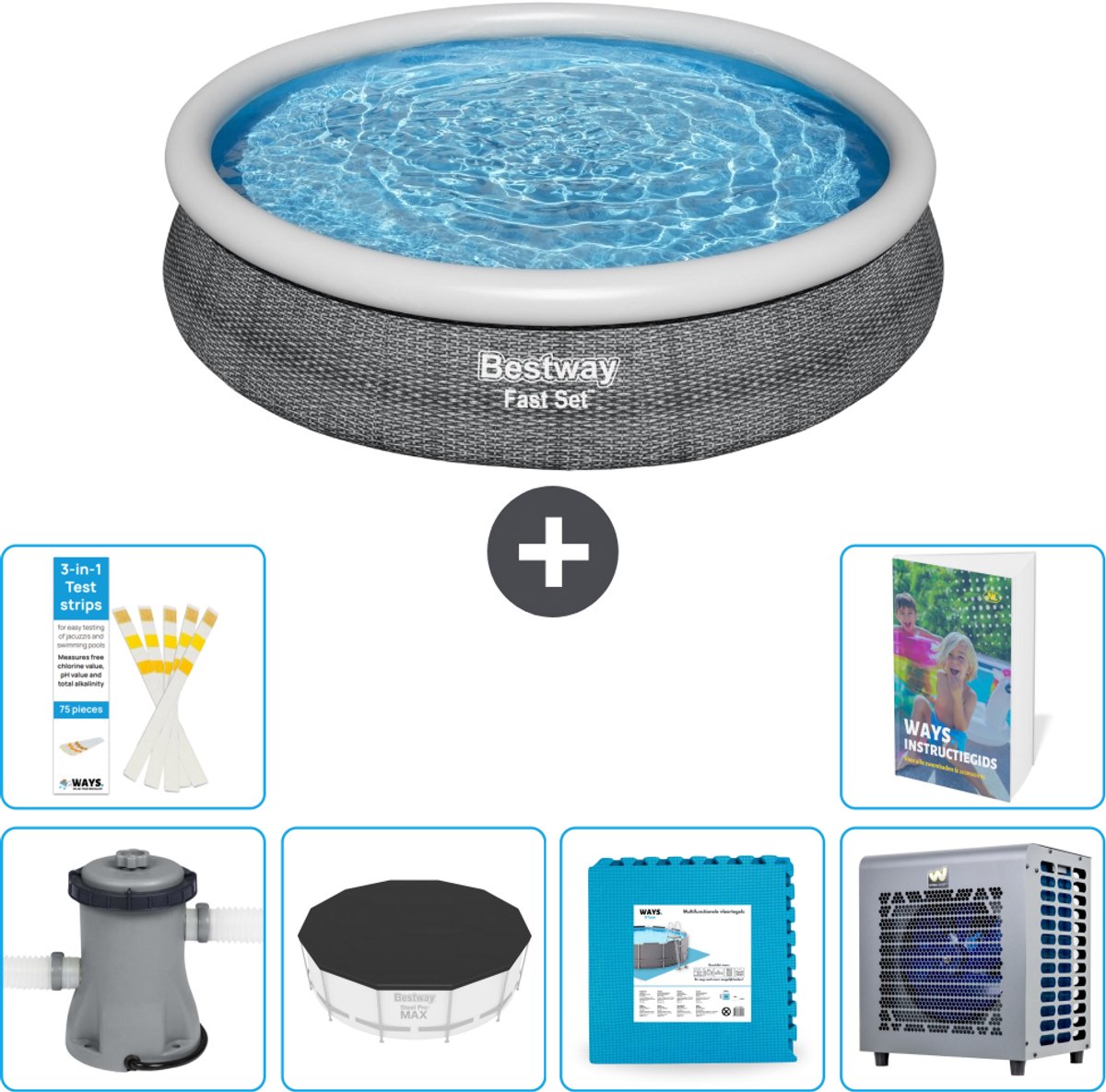 Bestway Rond Opblaasbaar Fast Set Zwembad - Rotanprint - 366 x 76 cm - Inclusief Pomp - Afdekzeil - Vloertegels - Warmtepomp - 7-delig