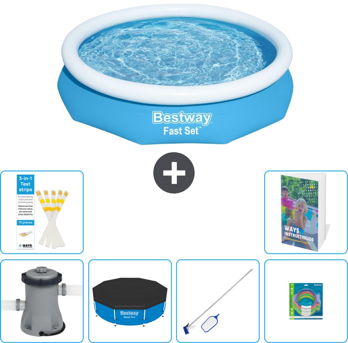 Bestway Rond Opblaasbaar Fast Set Zwembad - 305 x 66 cm - Blauw - Inclusief Pomp - Afdekzeil - Schoonmaakset - Speelgoed - 7-delig