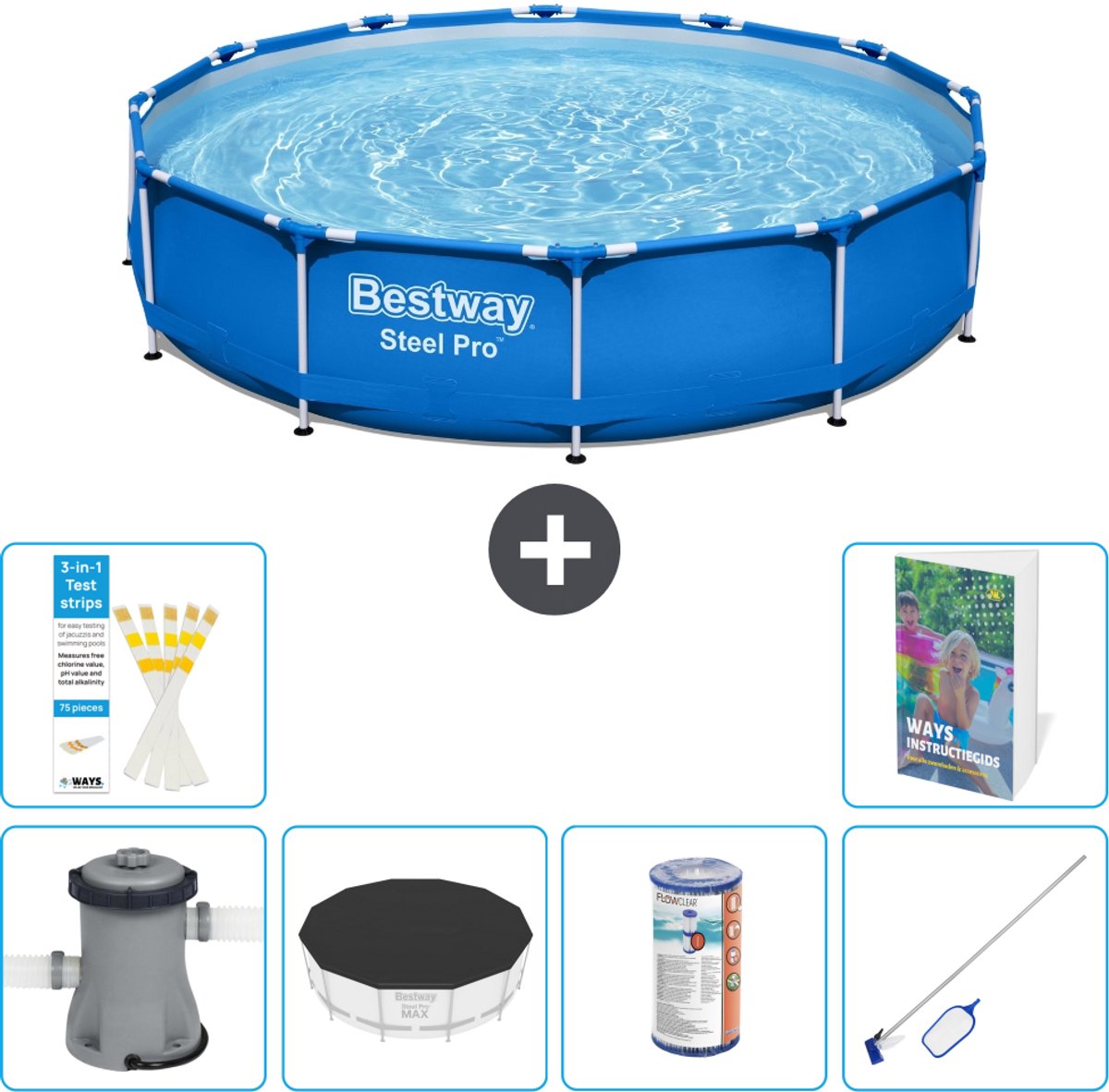 Bestway Rond Steel Pro Zwembad - 366 x 76 cm - Blauw - Inclusief Pomp - Afdekzeil - Filter - Schoonmaakset - 7-delig