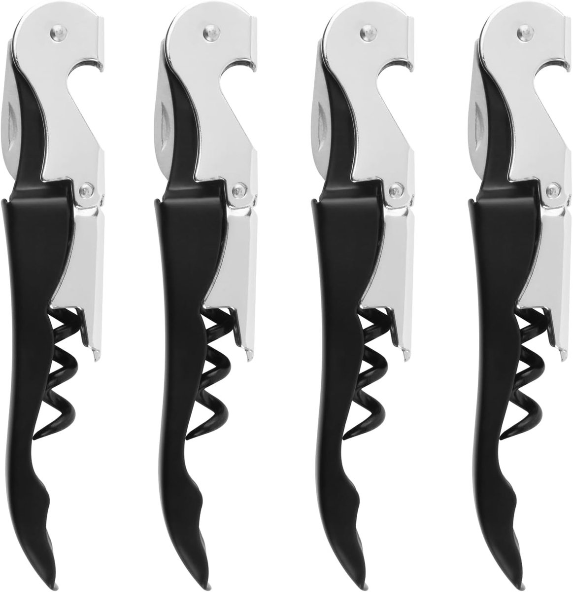 Set van 4 professionele kurkentrekker – 3‑in‑1 carbonstalen kurkentrekker – voor bier‑ en wijnflessen – voor sommeliers, obers en barmannen – zwart.