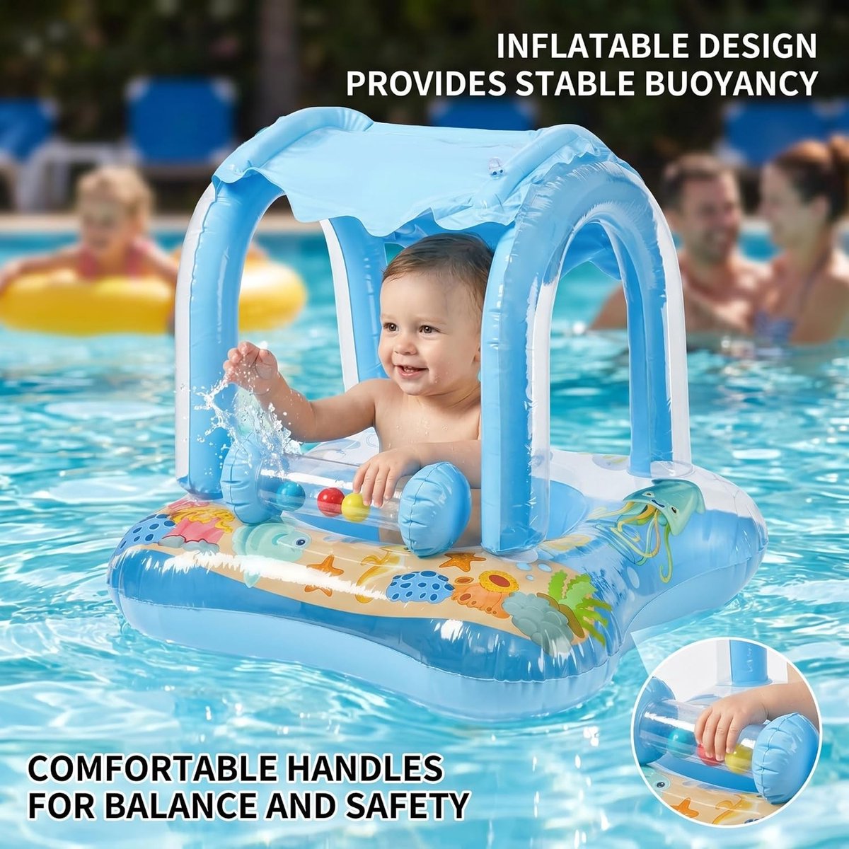 1 stuk - Babyzwemmat met zonnescherm - Dierenprint - Opblaasbare zwemring - Waterspeelmat - 60*60*58 cm - Voor baby's en peuters van 0 tot 6 maanden om in het water te spelen - Blauw – foto 2