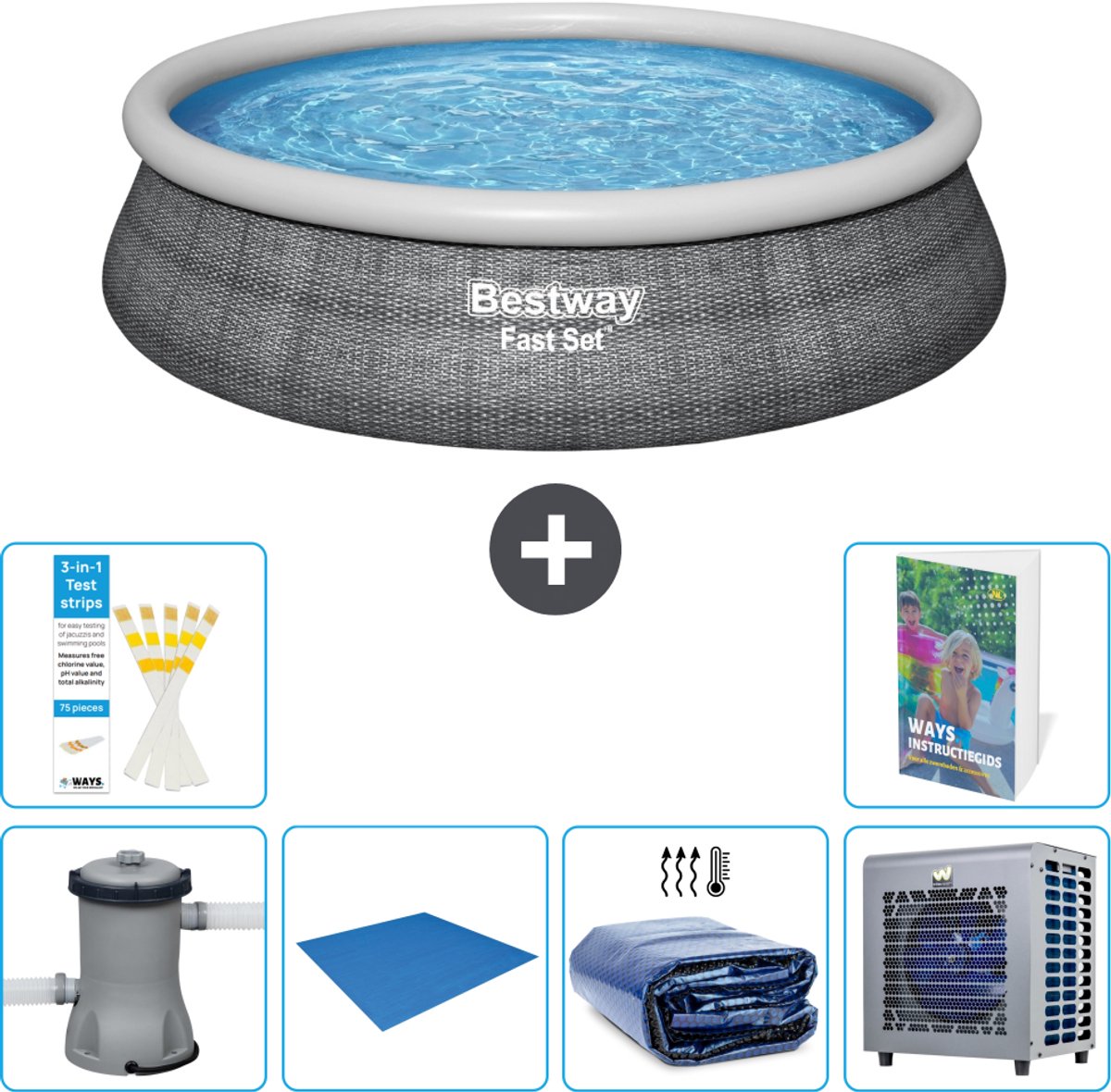 Bestway Rond Opblaasbaar Fast Set Zwembad - Rotanprint - 457 x 84 cm - Inclusief Pomp - Grondzeil - Solarzeil - Warmtepomp - 7-delig