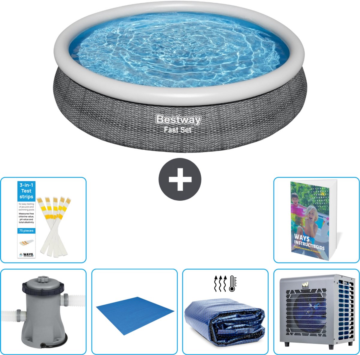 Bestway Rond Opblaasbaar Fast Set Zwembad - Rotanprint - 366 x 76 cm - Inclusief Pomp - Grondzeil - Solarzeil - Warmtepomp - 7-delig