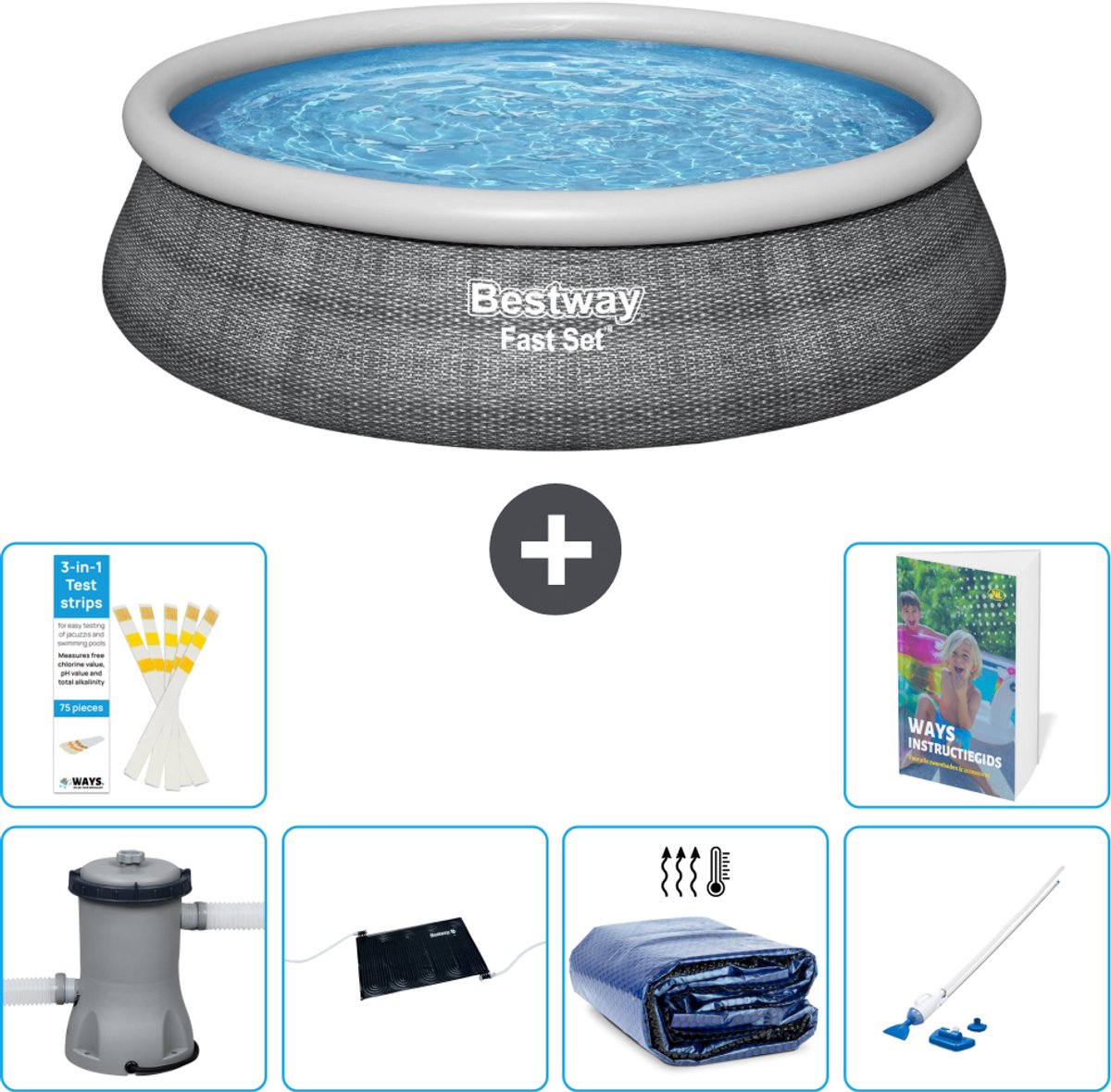 Bestway Rond Opblaasbaar Fast Set Zwembad - Rotanprint - 457 x 84 cm - Inclusief Pomp - Solar Mat - Solarzeil - Stofzuiger - 7-delig