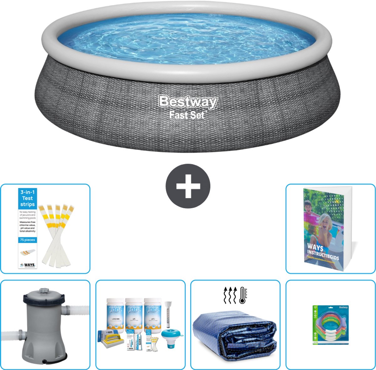 Bestway Rond Opblaasbaar Fast Set Zwembad - Rotanprint - 457 x 84 cm - Inclusief Pomp - Onderhoudspakket - Solarzeil - Speelgoed - 7-delig