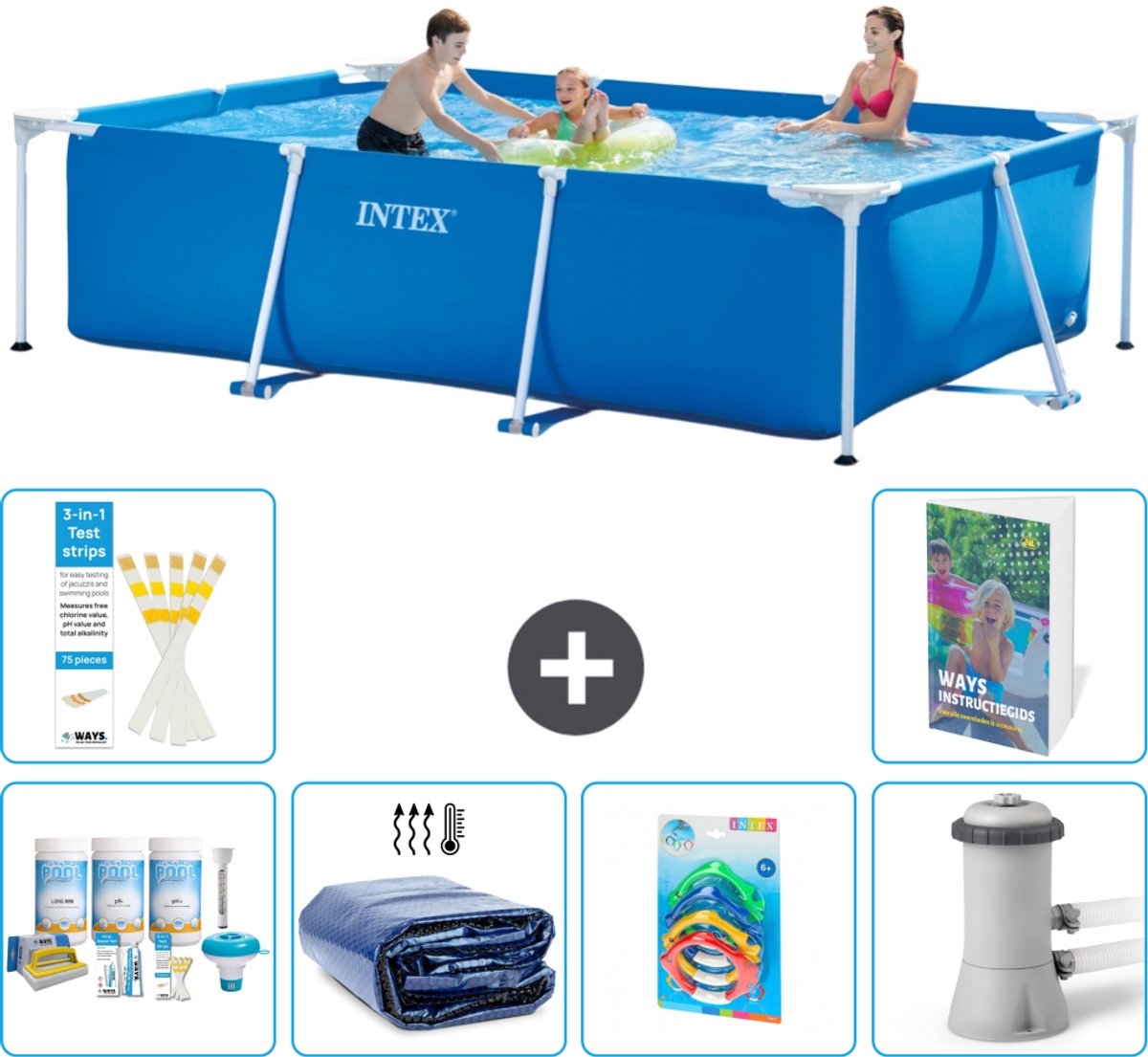Intex Rechthoekig Frame Zwembad - 300 x 200 x 75 cm - Blauw - Inclusief Onderhoudspakket - Solarzeil - Speelgoed - Zwembadfilterpomp - 7-delig