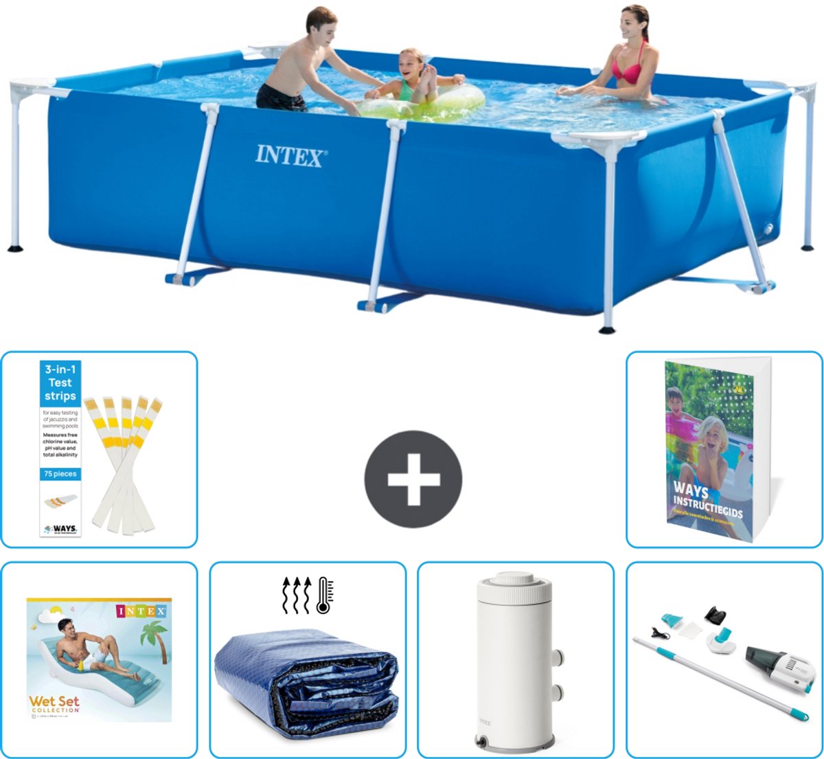 Intex Rechthoekig Frame Zwembad - 300 x 200 x 75 cm - Blauw - Inclusief Loungebed - Solarzeil - Zwembadfilterpomp - Stofzuiger - 7-delig