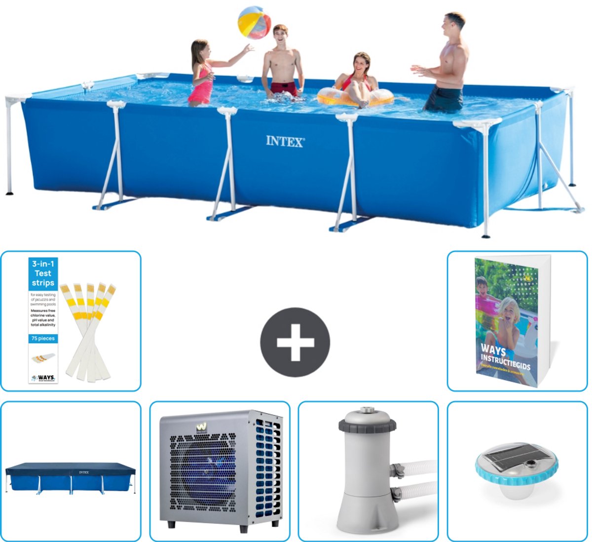 Intex Rechthoekig Frame Zwembad - 450 x 220 x 84 cm - Blauw - Inclusief Afdekzeil - Warmtepomp - Zwembadfilterpomp - Verlichting - 7-delig