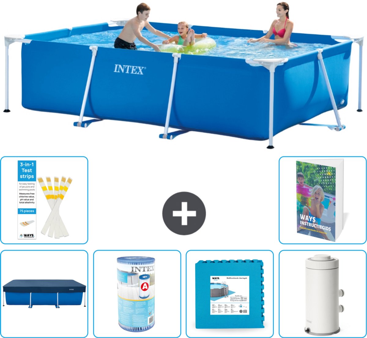 Intex Rechthoekig Frame Zwembad - 300 x 200 x 75 cm - Blauw - Inclusief Afdekzeil - Filter - Vloertegels - Zwembadfilterpomp - 7-delig