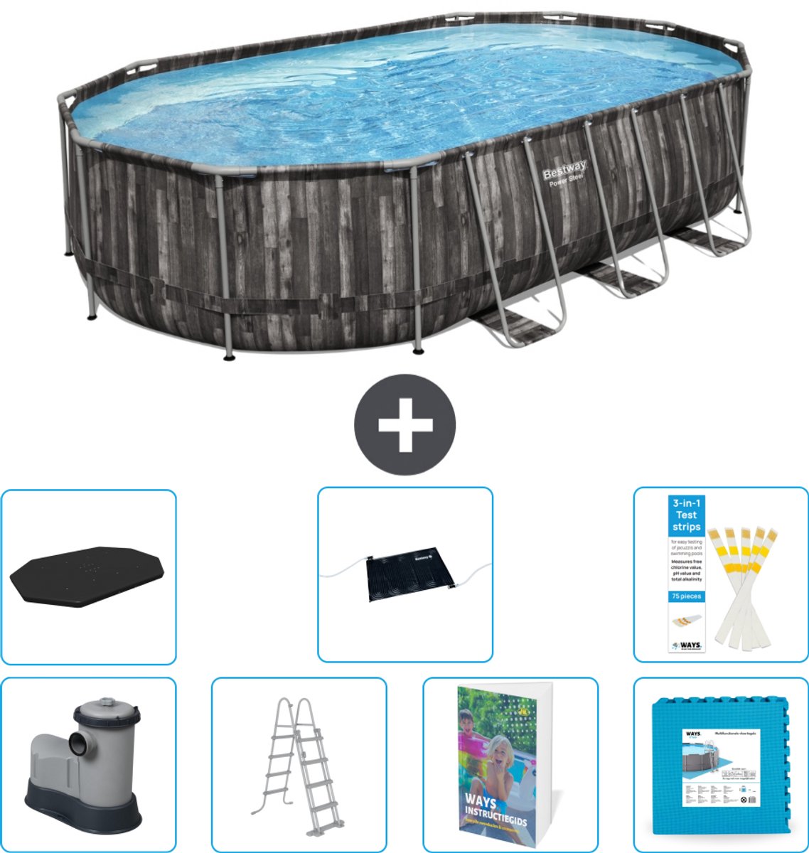 Bestway Ovaal Power Steel Zwembad - 610 x 366 x 122 - Grijs - Inclusief Pomp - Ladder - Afdekzeil - Solar Mat - Vloertegels - 8-delig