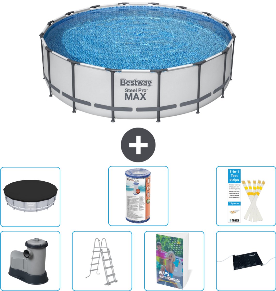 Bestway Rond Steel Pro MAX Zwembad - 488 x 122 cm - Grijs - Inclusief Pomp - Ladder - Afdekzeil - Filter - Solar Mat - 8-delig