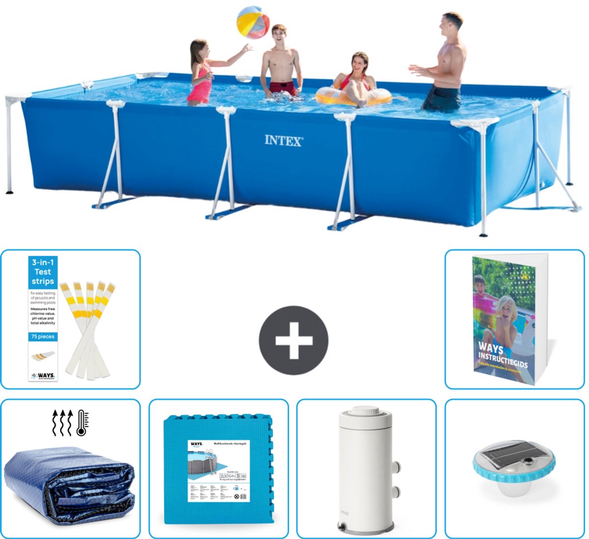 Intex Rechthoekig Frame Zwembad - 450 x 220 x 84 cm - Blauw - Inclusief Solarzeil - Vloertegels - Zwembadfilterpomp - Verlichting - 7-delig