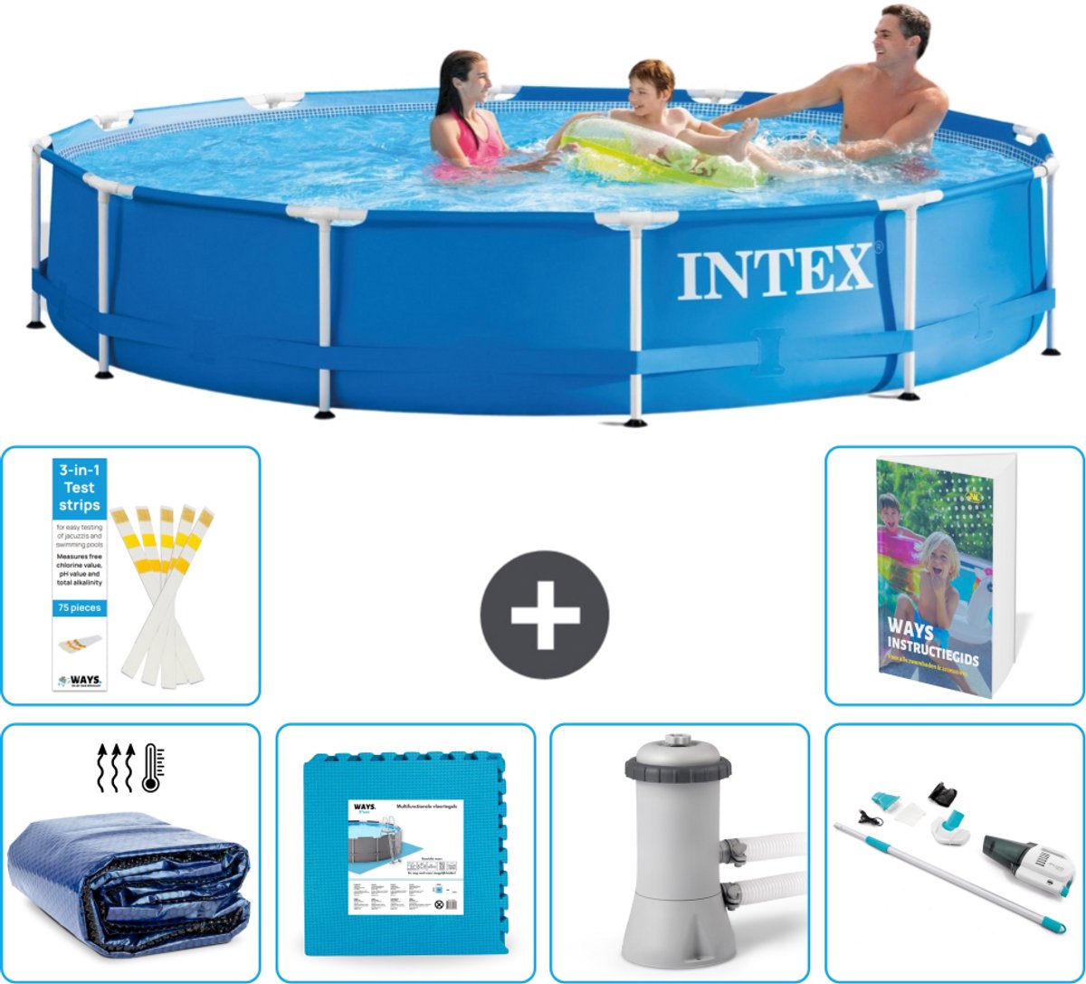 Intex Rond Frame Zwembad - 366 x 76 cm - Blauw - Inclusief Solarzeil - Vloertegels - Zwembadfilterpomp - Stofzuiger - 7-delig