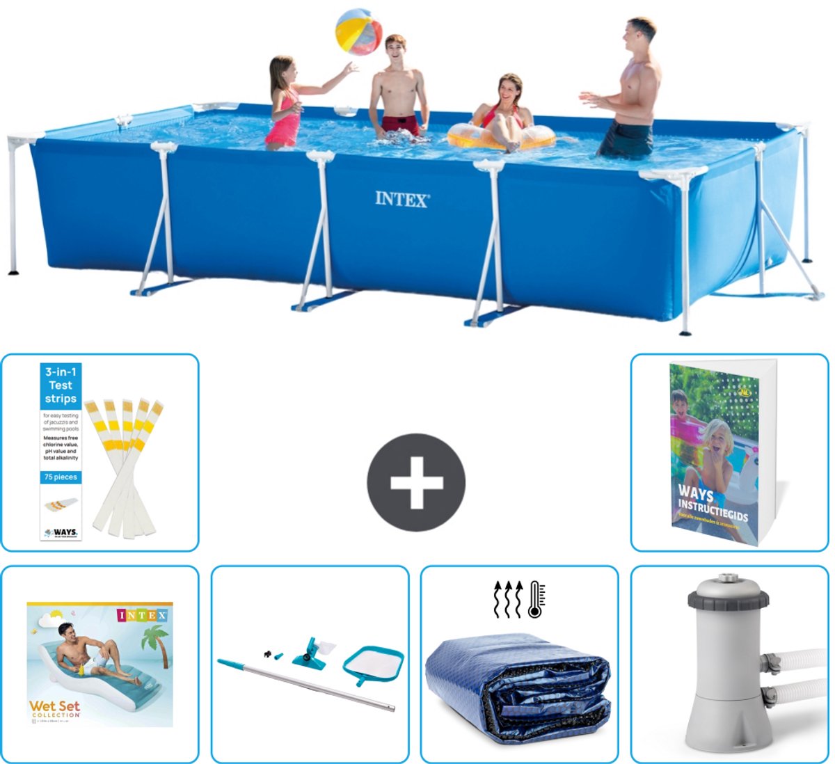 Intex Rechthoekig Frame Zwembad - 450 x 220 x 84 cm - Blauw - Inclusief Loungebed - Schoonmaakset - Solarzeil - Zwembadfilterpomp - 7-delig