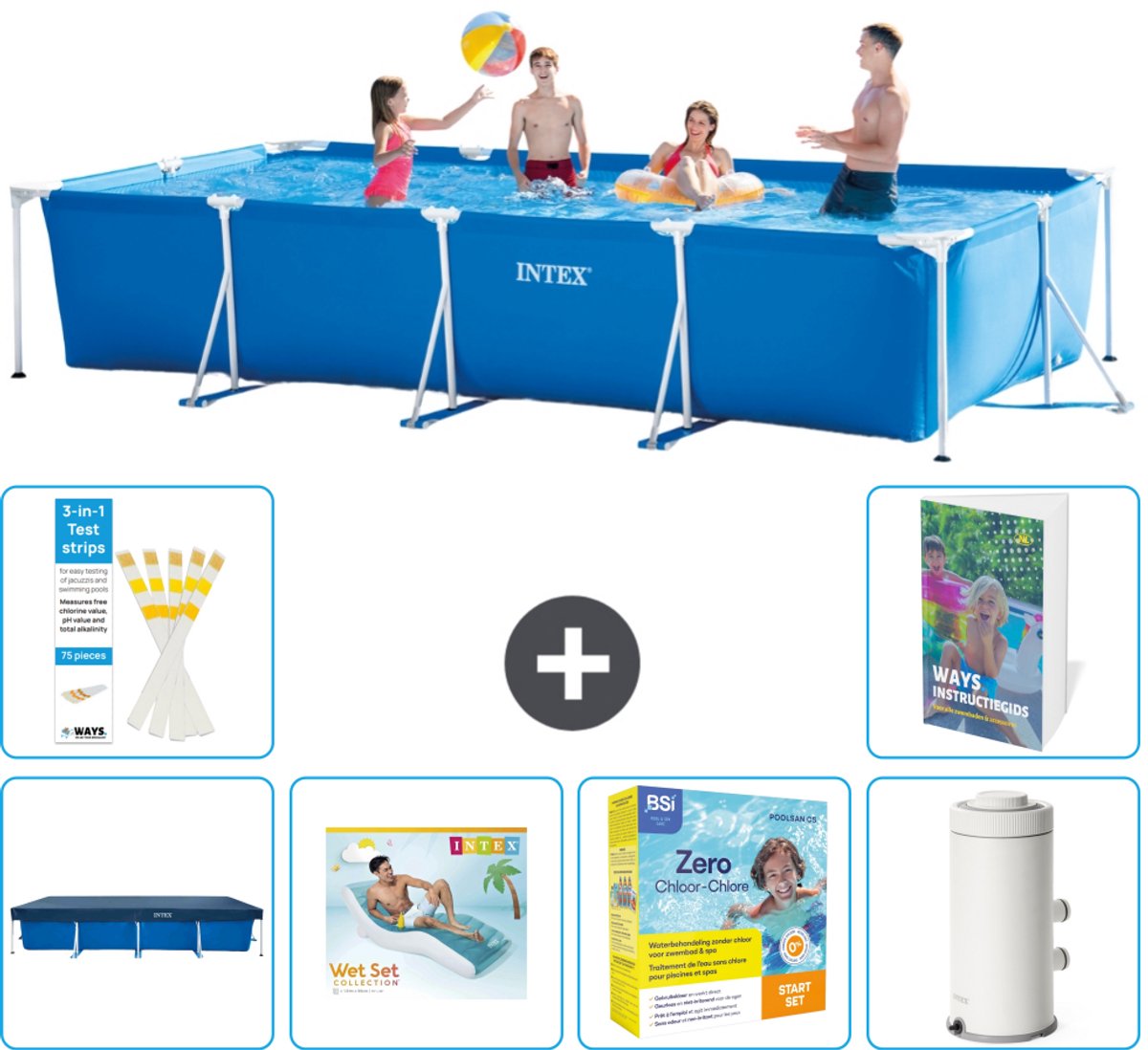 Intex Rechthoekig Frame Zwembad - 450 x 220 x 84 cm - Blauw - Inclusief Afdekzeil - Loungebed - Onderhoudspakket - Zwembadfilterpomp - 7-delig