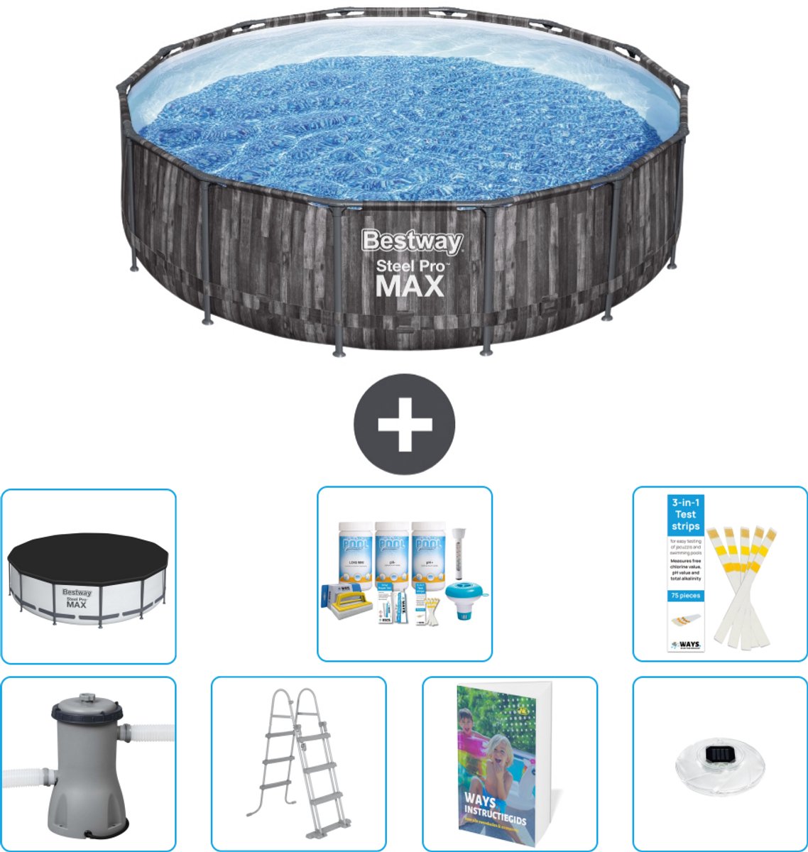 Bestway Rond Steel Pro MAX Zwembad - Houtprint - 427 x 107 cm - Inclusief Pomp - Ladder - Afdekzeil - Onderhoudspakket - Verlichting - 8-delig