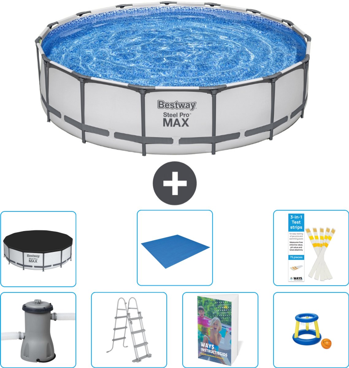 Bestway Rond Steel Pro MAX Zwembad - 457 x 107 cm - Grijs - Inclusief Pomp - Ladder - Afdekzeil - Grondzeil - Speelgoed - 8-delig