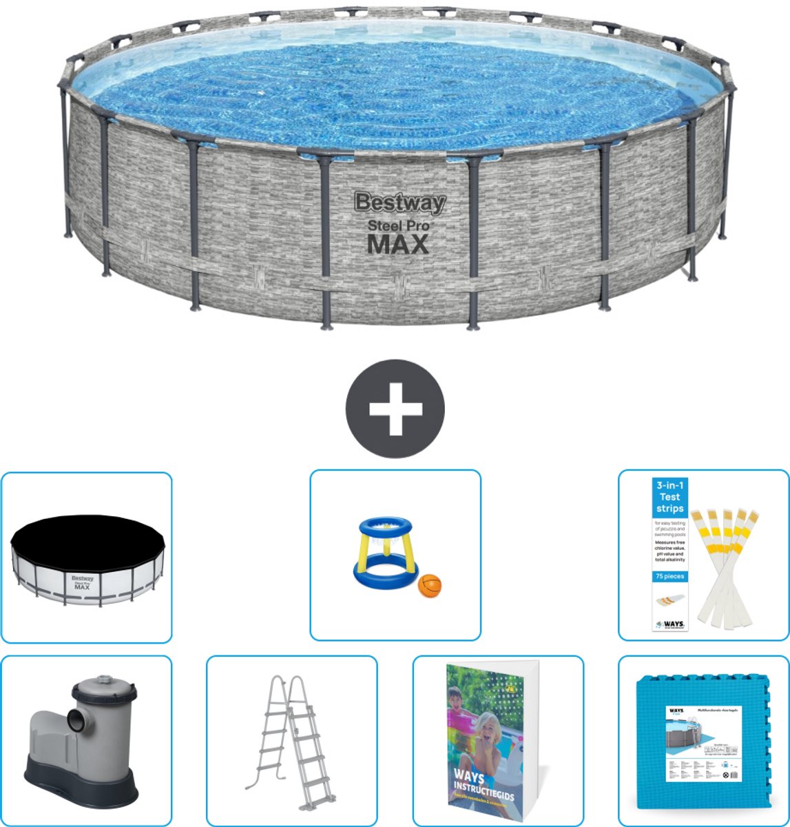 Bestway Rond Steel Pro MAX Zwembad - Steenprint - 549 x 122 - Inclusief Pomp - Ladder - Afdekzeil - Speelgoed - Vloertegels - 8-delig