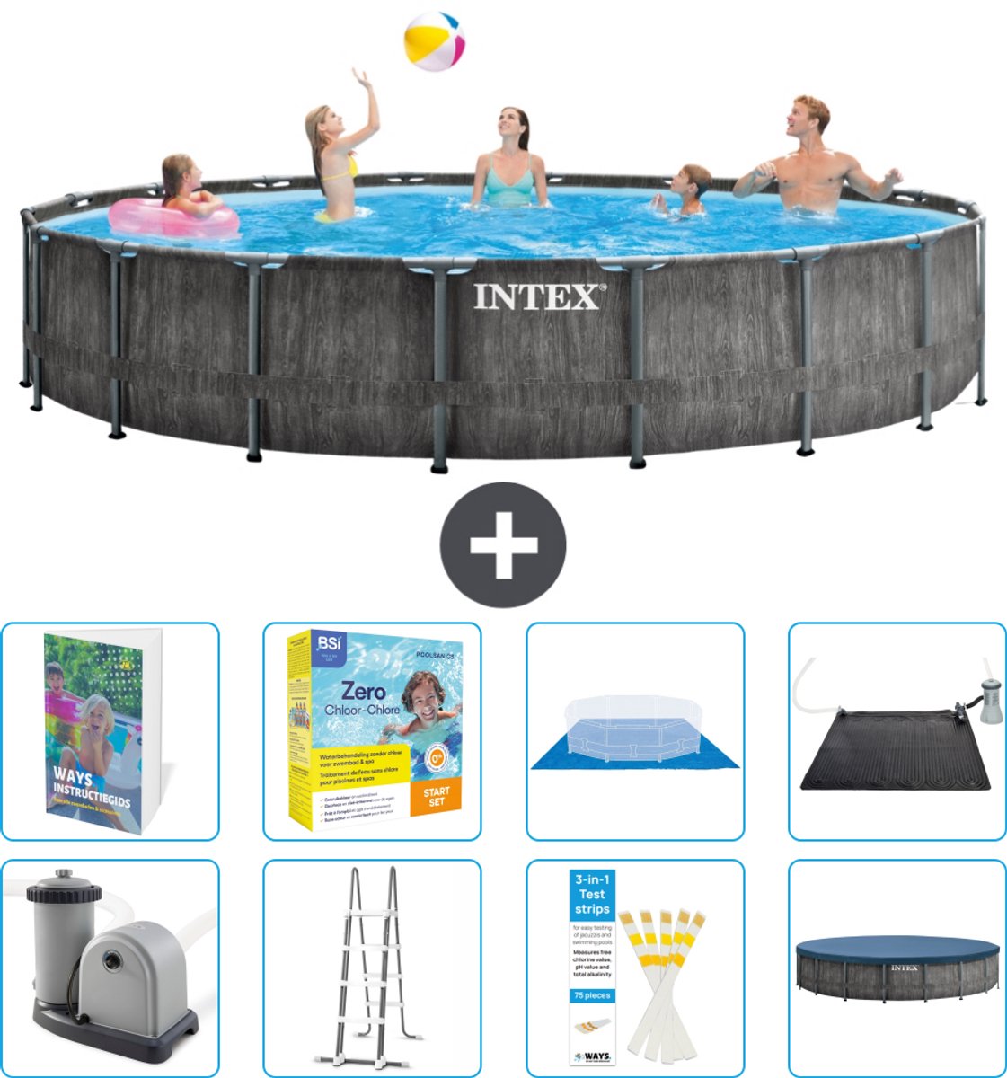 Intex Rond Prism Frame Greywood Zwembad - 549 x 122 cm - Inclusief Pomp - Ladder - Grondzeil - Afdekzeil - Onderhoudspakket - Solar Mat - 9-delig