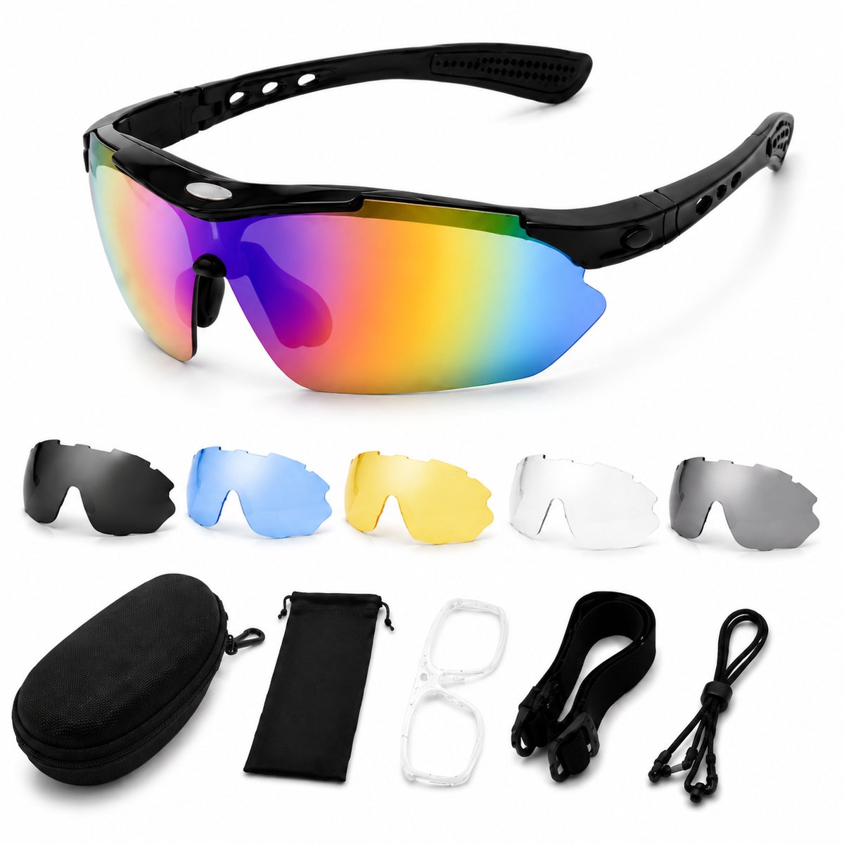 Polariserende Fietsbril - 5 Verwisselbare Lenzen - UV400 Sportbril voor Wielrennen & MTB - Unisex - Zwart