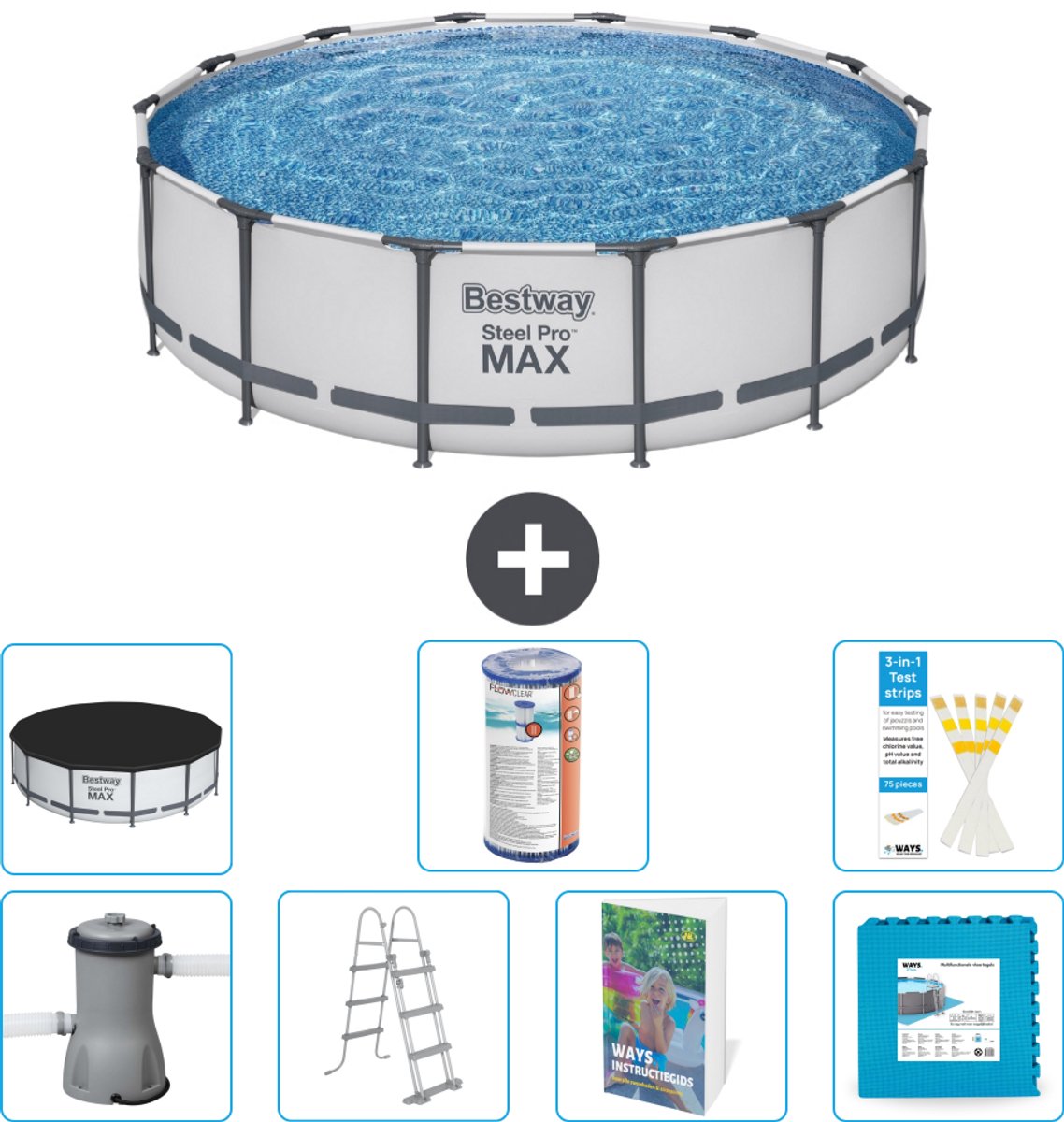 Bestway Rond Steel Pro MAX Zwembad - 427 x 107 cm - Grijs - Inclusief Pomp - Ladder - Afdekzeil - Filter - Vloertegels - 8-delig