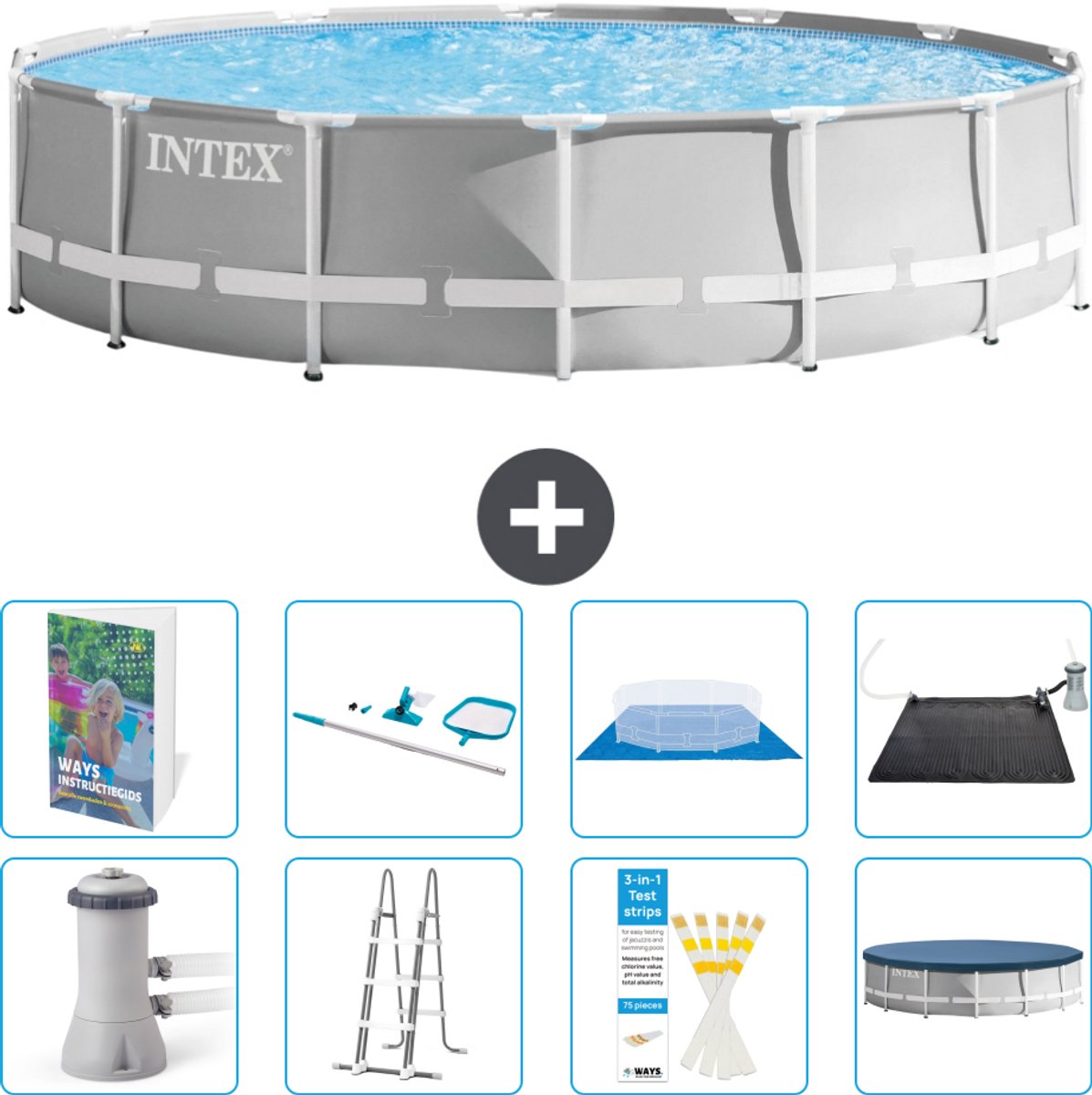 Intex Rond Prism Frame Zwembad - 427 x 107 cm - Grijs - Inclusief Pomp - Ladder - Grondzeil - Afdekzeil - Schoonmaakset - Solar Mat - 9-delig