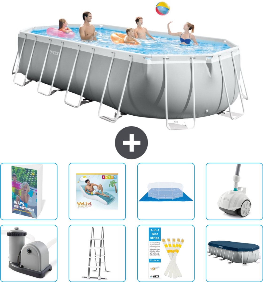 Intex Ovaal Prism Frame Zwembad - 610 x 305 x 122 cm - Grijs - Inclusief Pomp - Ladder - Grondzeil - Afdekzeil - Loungebed - Stofzuiger - 9-delig