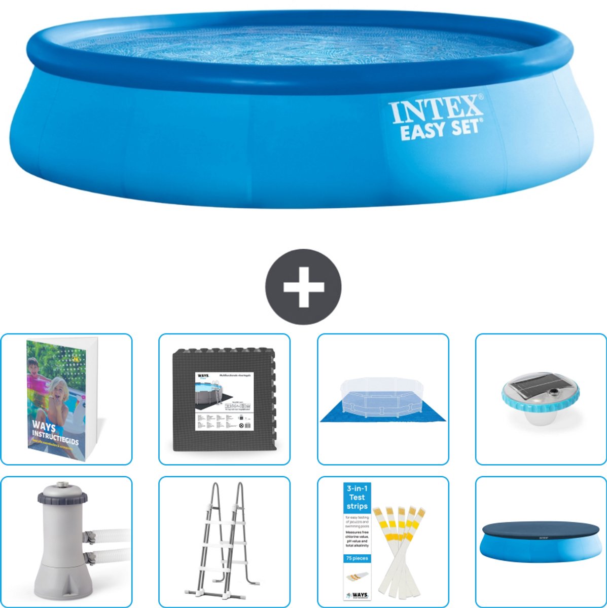 Intex Rond Opblaasbaar Easy Set Zwembad - 457 x 107 cm - Blauw - Inclusief Pomp - Ladder - Grondzeil - Afdekzeil - Vloertegels - Verlichting - 9-delig