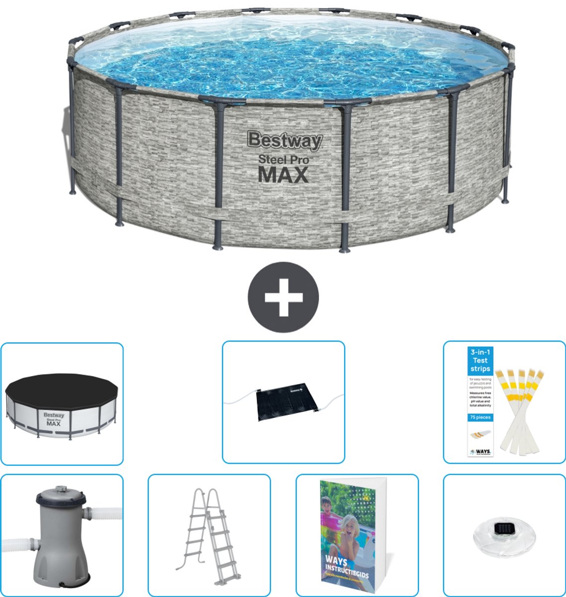 Bestway Rond Steel Pro MAX Zwembad - Steenprint - 427 x 122 cm - Inclusief Pomp - Ladder - Afdekzeil - Solar Mat - Verlichting - 8-delig