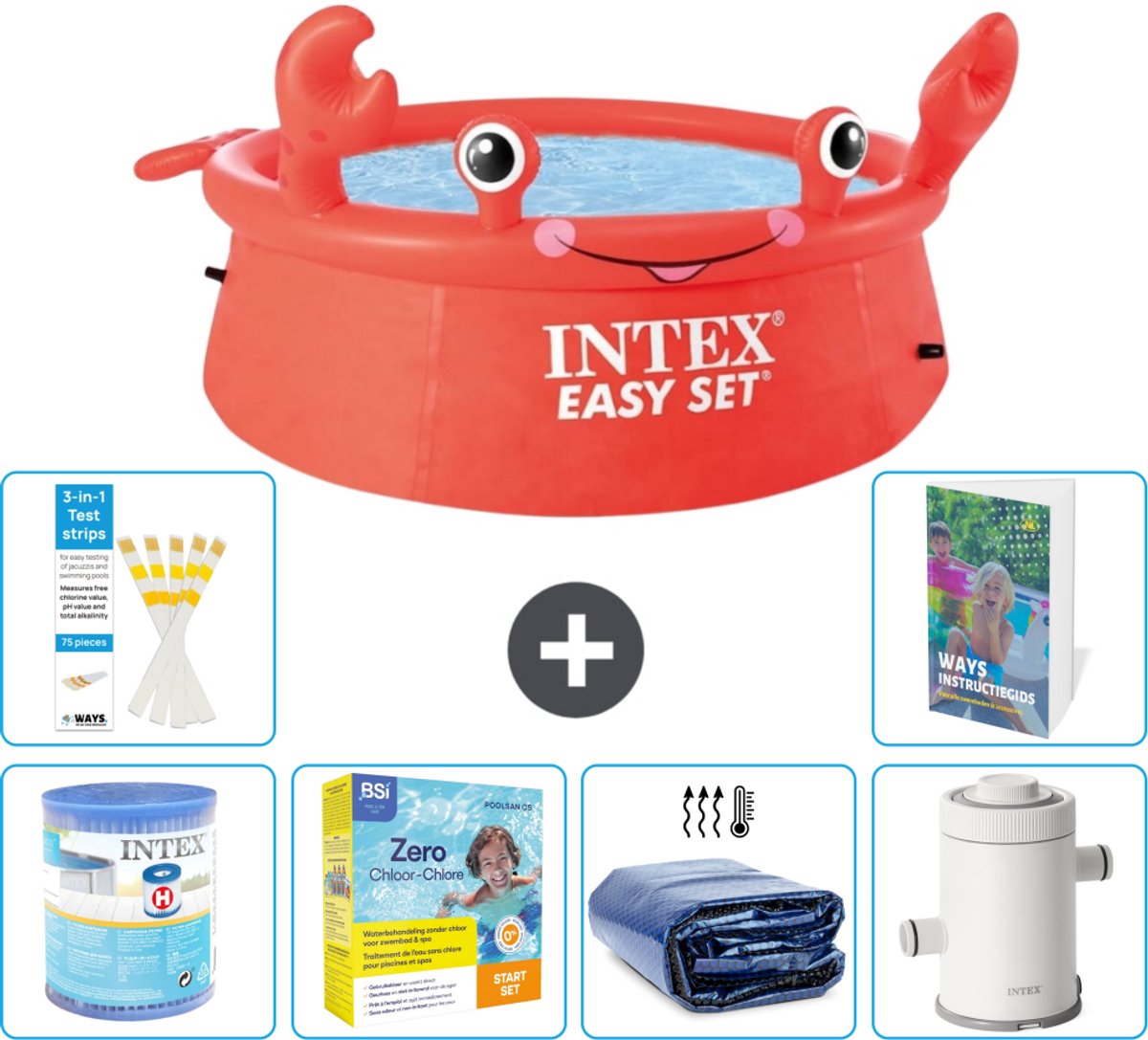 Intex Rond Opblaasbaar Easy Set Zwembad - 183 x 51 cm - Rood - Krab - Inclusief Filter - Onderhoudspakket - Solarzeil - Zwembadfilterpomp - 7-delig