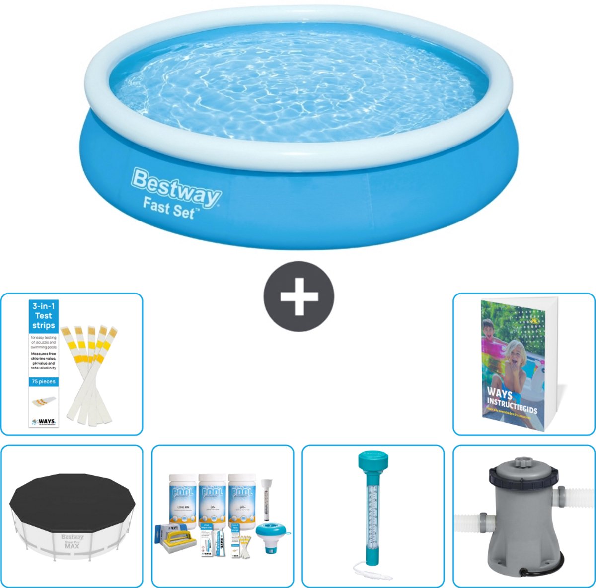 Bestway Rond Opblaasbaar Fast Set Zwembad - 366 x 76 cm - Blauw - Inclusief Afdekzeil - Onderhoudspakket - Thermometer - Zwembadfilterpomp - 7-delig