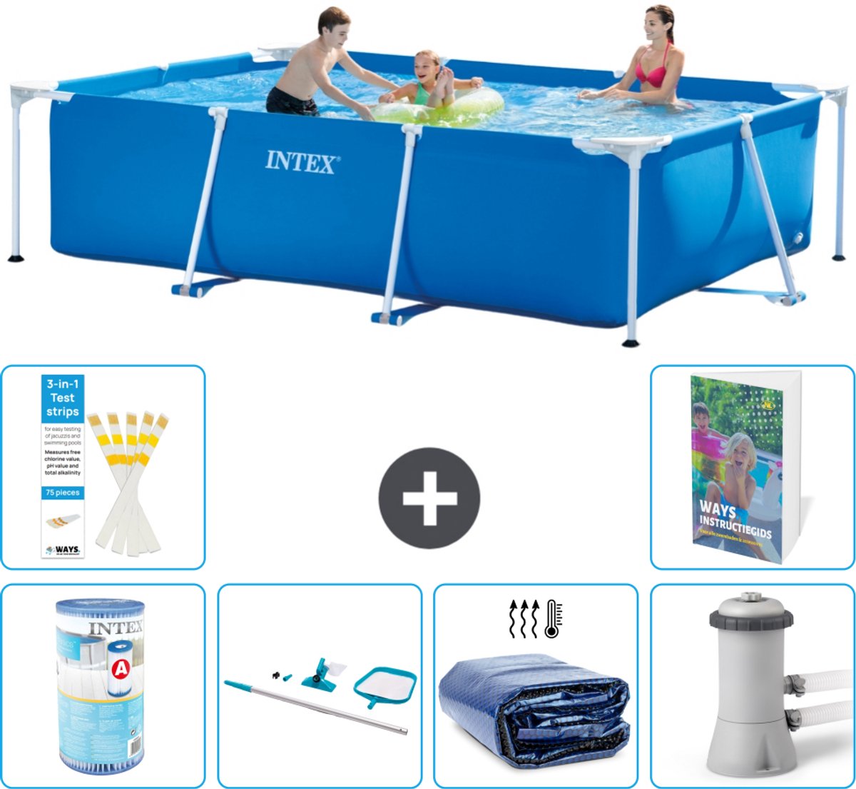 Intex Rechthoekig Frame Zwembad - 300 x 200 x 75 cm - Blauw - Inclusief Filter - Schoonmaakset - Solarzeil - Zwembadfilterpomp - 7-delig