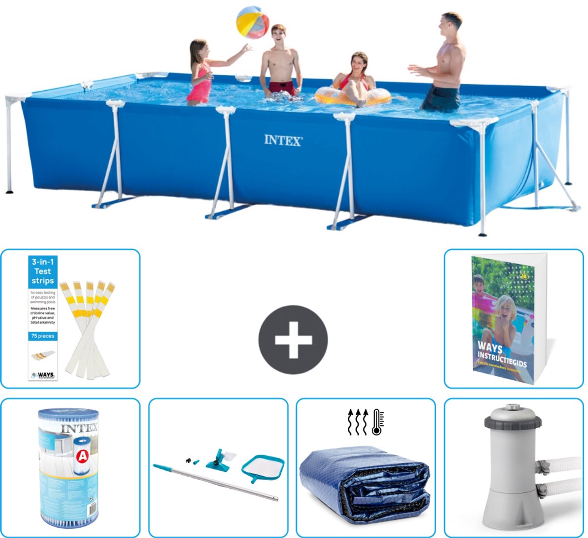 Intex Rechthoekig Frame Zwembad - 450 x 220 x 84 cm - Blauw - Inclusief Filter - Schoonmaakset - Solarzeil - Zwembadfilterpomp - 7-delig