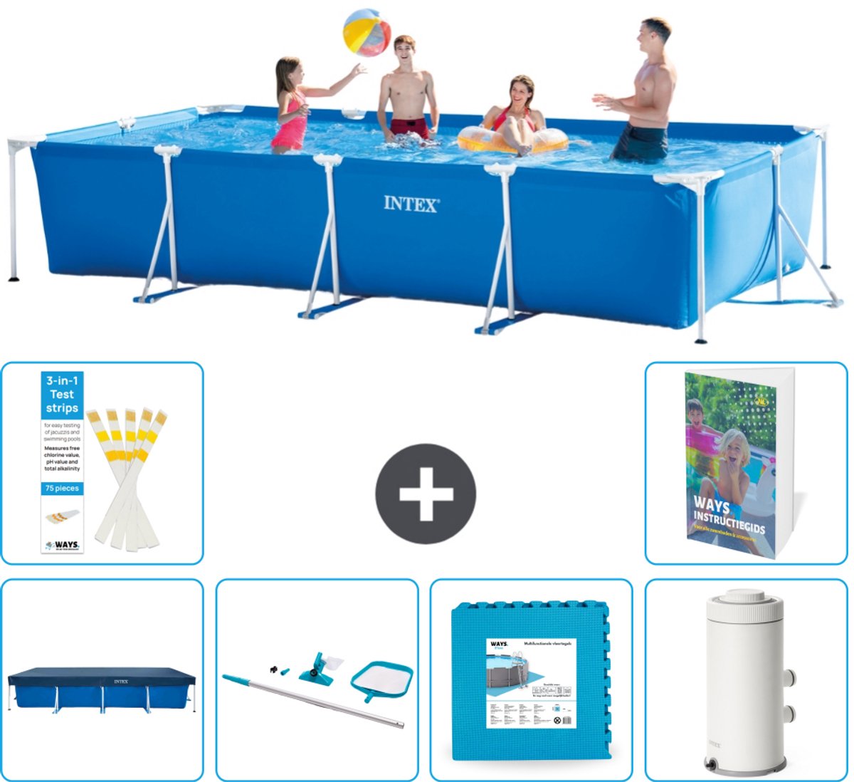 Intex Rechthoekig Frame Zwembad - 450 x 220 x 84 cm - Blauw - Inclusief Afdekzeil - Schoonmaakset - Vloertegels - Zwembadfilterpomp - 7-delig
