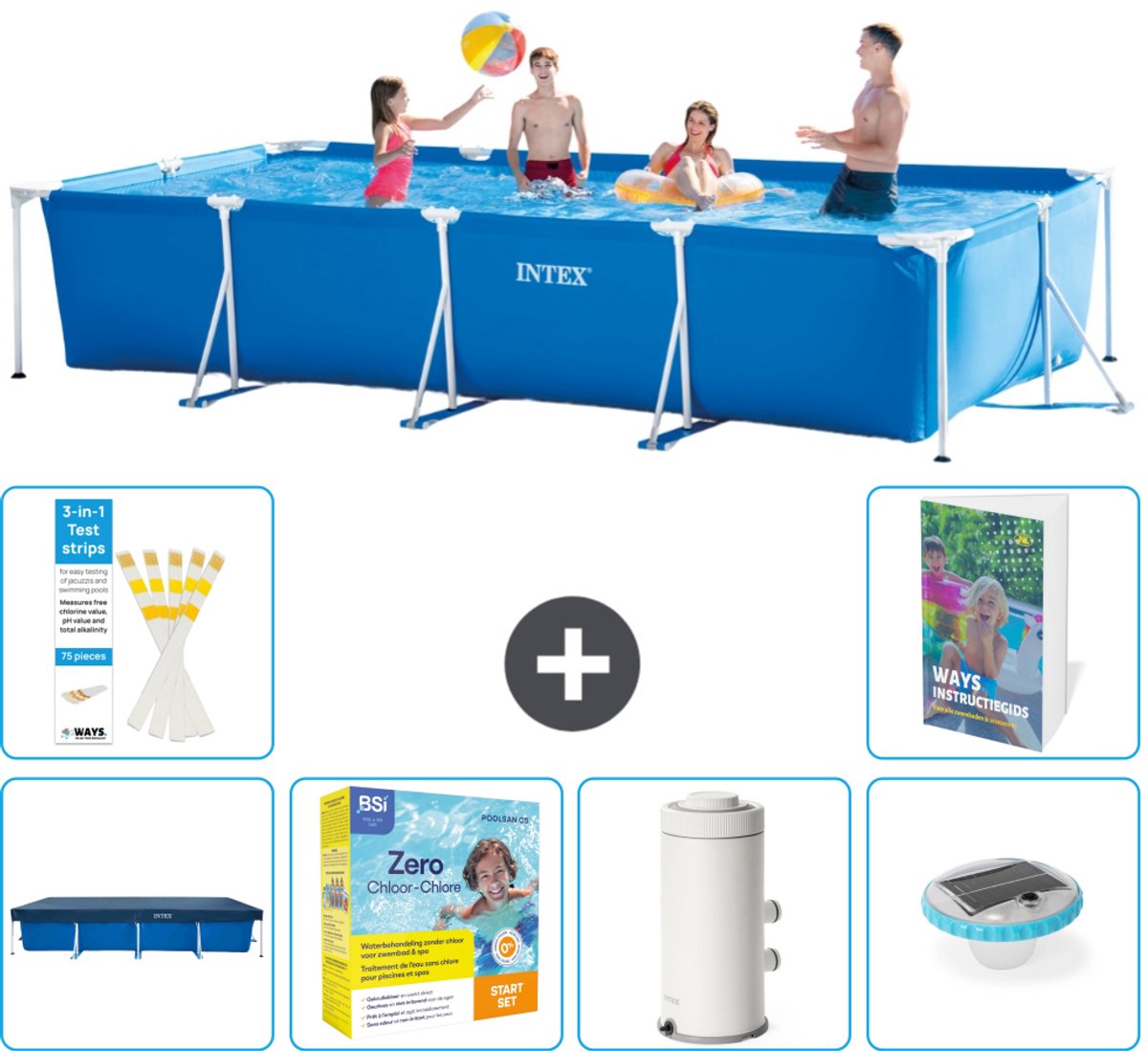 Intex Rechthoekig Frame Zwembad - 450 x 220 x 84 cm - Blauw - Inclusief Afdekzeil - Onderhoudspakket - Zwembadfilterpomp - Verlichting - 7-delig