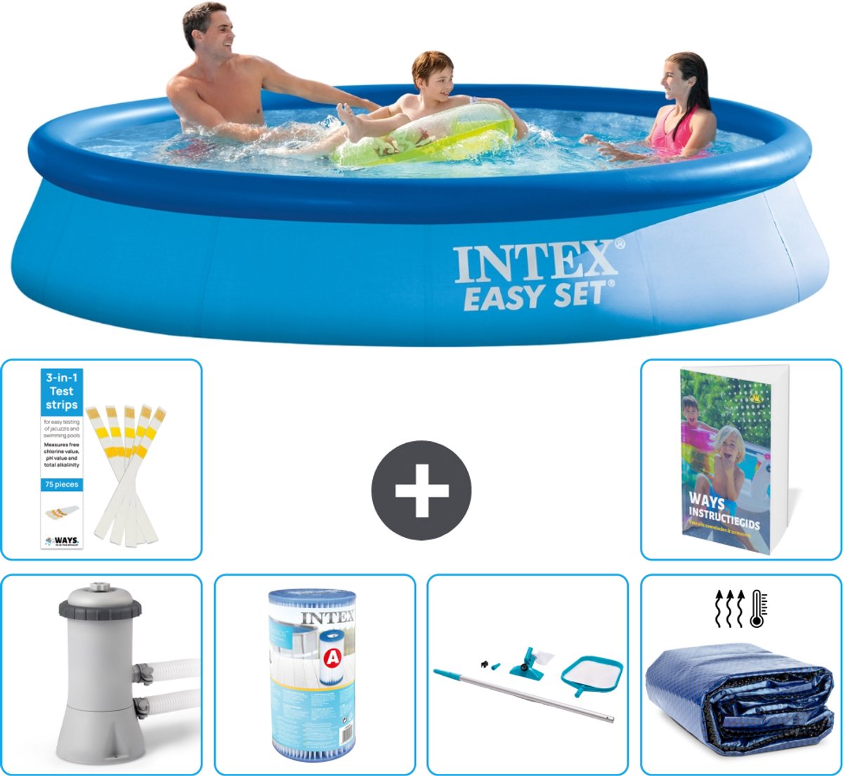 Intex Rond Opblaasbaar Easy Set Zwembad - 366 x 76 cm - Blauw - Inclusief Pomp - Filter - Schoonmaakset - Solarzeil - 7-delig